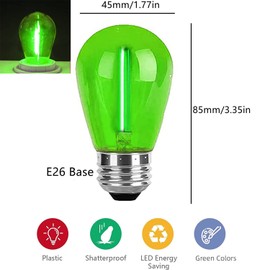 Minsily 15 Pack S14 LED Bulbs Green LED Replacement Bulb 1W Outdoor String Light Bulb LED Edison Bulb E26 Base for Outdoor String Light Plastic Shatterproof Decorative Bulb for Patio Home Decor(Green)