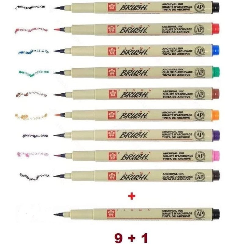 PIGMA MICRON Sakura Fineliner Brush Set of 9 + 1