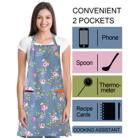 APRONNER 3 PCS Cooking kitchen Baking Aprons for Women with Pockets Vintage Cotton Linen, Three Flowers 01, Adjustable
