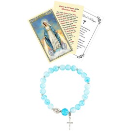 Miraculous Medal Bracelet with Miraculous Medal Prayer Card, The Lord's Prayer Card | Stretch Light Blue Miraculous Bracelet with Crucifix | Miraculous Medal Bracelet For Women Set, 3 Items