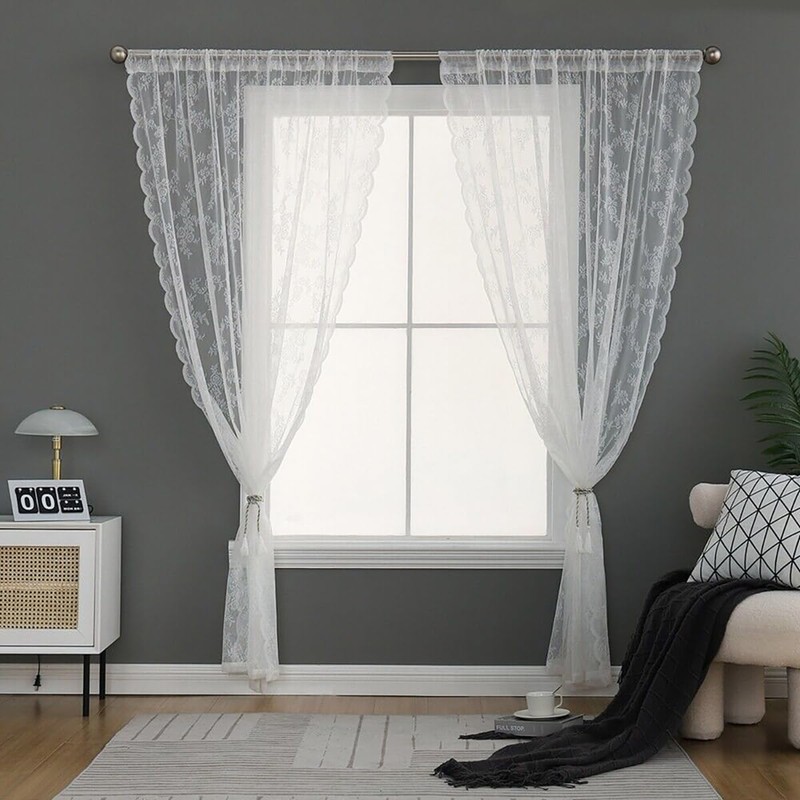 AIMALL 1pcs Elegant White Lace Curtain, Punch-Free, Rod-Wearing Design, Ideal