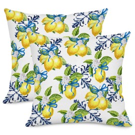 Qinqingo Yellow Lemon Pillow Covers, 18x18 Inch Decorative Throw Pillow Cases with Blue Bowknot, Farmhouse Summer Lemon Green Leaf Floral Cushion Cover for Outdoor Decor, Set of 2