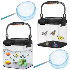 2 Sets Catch and Release Plastic Beach Aquarium Kit,Great Concept for Catching with Retractable Net Bag and Release Clear and Transparent Portable Handheld （Black）