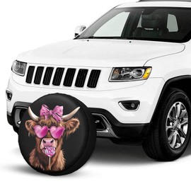 KOSUES Highland Cow Pink Heart Glasses Lollipop Bow Valentine Spare Tire Cover Wheel Protectors Dust-Proof Sun Protection Wheel Tire Covers Universal Fit for Truck SUV RV Camper Trailer 16 inch