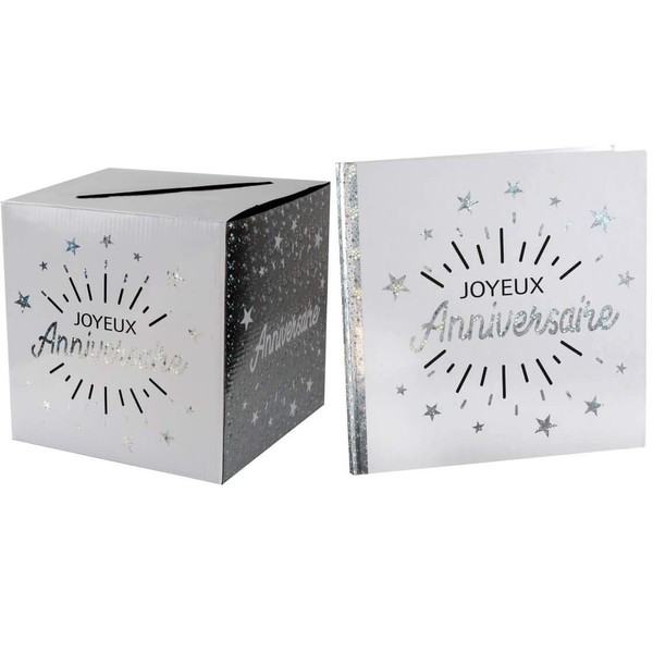 S 1 x Urn and Guest Book Happy Birthday White and Silver Ref 6651-6652