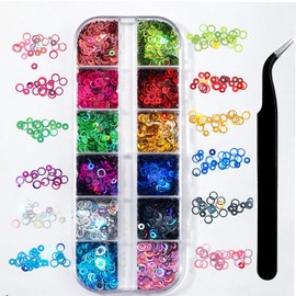 12 Colors Laser Circle Nail Glitter Sequins 3D Nail Art Decor Holographic Round Shape Flakes Nail Shiny Design Acrylic Nails Supplies Women Girls Manicure Nail Charms Decor DIY Crafts with 1 Tweezers