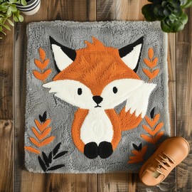 Cartoon Orange Fox Latch Hook Rug Kit for Kids Beginner Easy Little Mat with Printed Canvas DIY Hook Making Crochet Yarn Craft Tapestry for Decoration and Gift 12x12inch