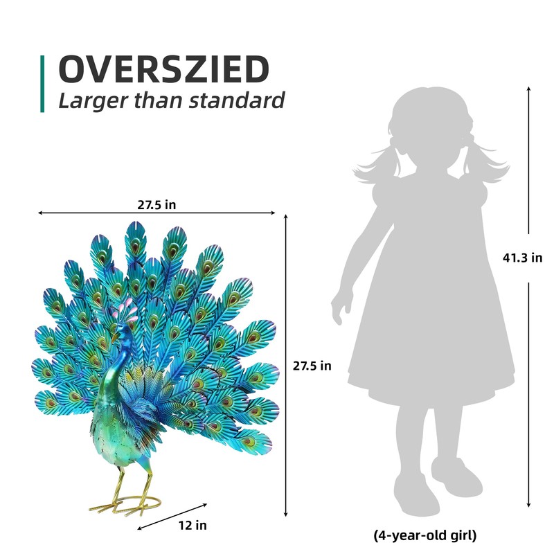 Autodaya 27.5" Tall Metal Peacock Garden Statue - Handmade, 3D