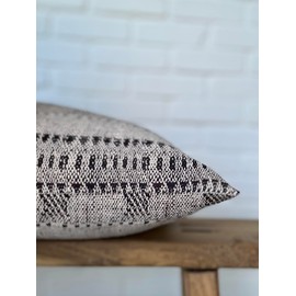 Pillow Cover 100% Linen 20 x 20 inches Double Sided Block Print with Zipper for Easy Removal Home Decor Shabby Chic Farmhouse Neutral Decorative Sofa Couch Accent (Stripe Beige Black)