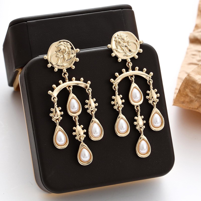UPOWKA Vintage Pearl Drop Earrings, Gold Plated Chandelier Design with