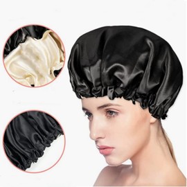 Jindizi Night Cap, 2 Pcs Reversible Silk Bonnet Sleep Cap, Adjustable Waterproof Satin Hair Cap Double Layer Satin Bonnet for Women Girls Black Curly Hair Black and Blue