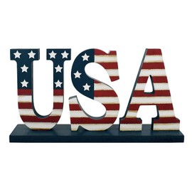 Linfevisi 4th of July Wooden USA Sign American Patriotic Table Decor Standing Wooden Letters Cutout US Flag Memorial Day Centerpieces Home Decoration for Veterans Mantel Shelf