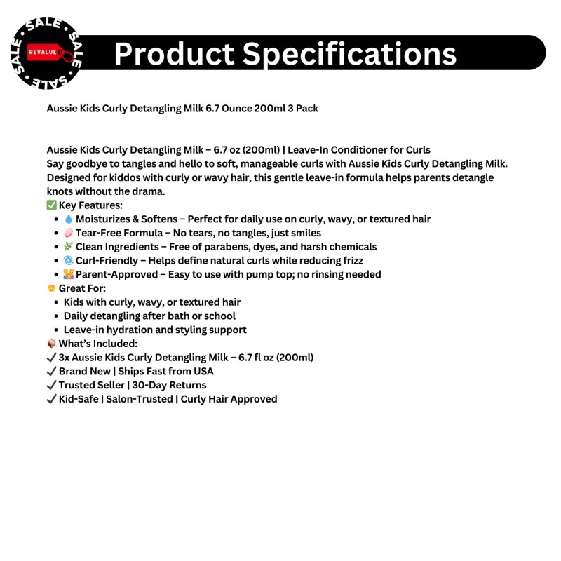 Aussie Kids Curly Hair Detangling Milk – 6.7oz Leave-In Conditioner