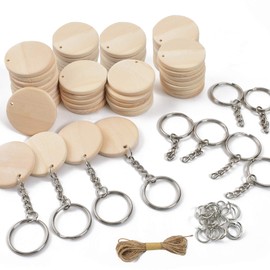 Luckforest 50Pcs Natural Wood Slices, 1.38 inch Unfinished Wood Sign, Unfinished Log Discs Wooden Circles with 50 pcs Key Rings for DIY Crafts Christmas Decorations Ornaments
