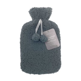 Hot Water Bottle with Cover 2 litres- Cosy Plush Teddy Fur Pom Pom Hot Water Bottle Bed Warmer- Water Bag for Hot and Cold Compress Neck and Shoulder Pain Relief (Grey)