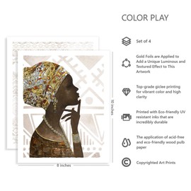Color Play African Wall Art Black Women Pictures Traditional Ethnic Girls Prints Tribal Female Portraits Artwork with Gold Foils for Living Room Unframed 8 x 10 Inch Set of 4