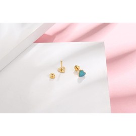 18g Titanium Heart Love Earrings for Women Girls 14k Gold Plated Stainless Steel Hypoallergenic Cute Tiny Sequins Stud Cartilage Tragus Screw Back Post Piercing Sensitive Ear (Blue)