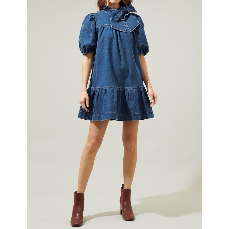 EZAPINE Womens Denim Dress Flowy Mock Neck Ruffle Short Sleeve