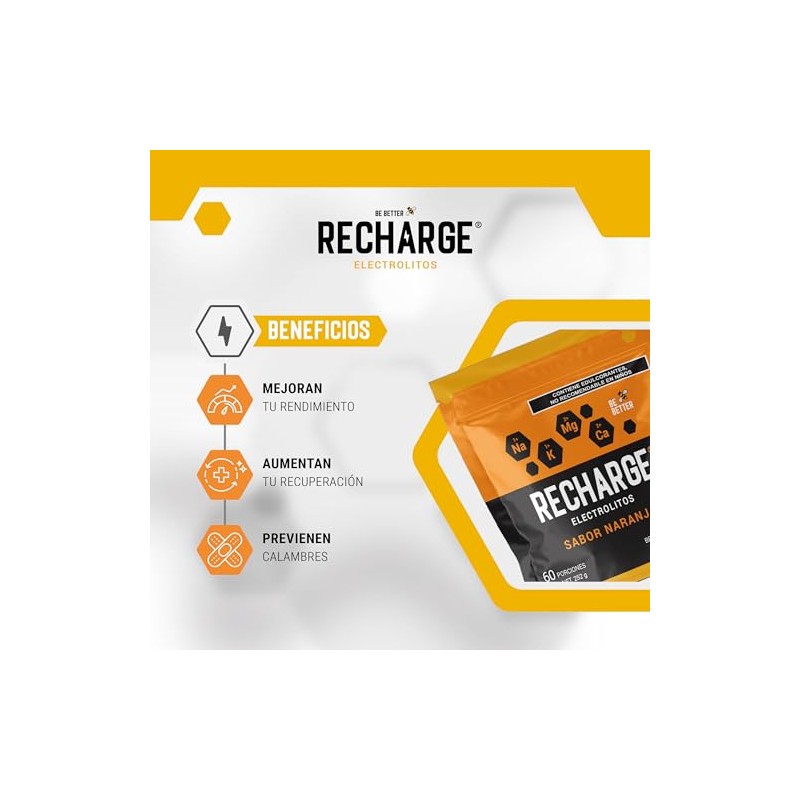 Be Better RECHARGE, Electrolitos En Polvo 60 Porciones, Sabor Naranja,