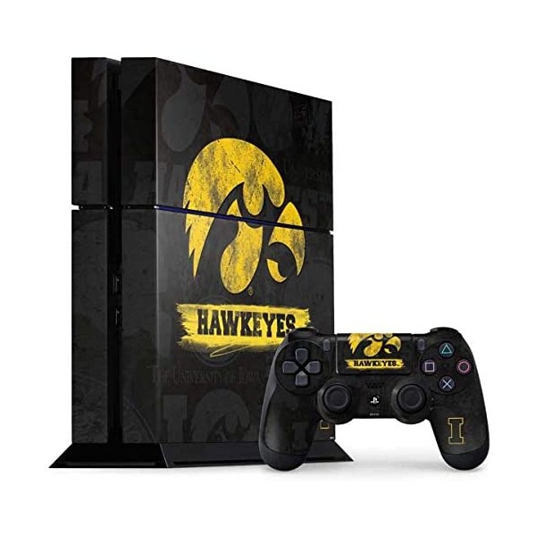 Skinit Decal Gaming Skin Compatible with PS4 Console and Controller Bundle - Officially Licensed University of Iowa Iowa Hawkeyes Distressed Logo Design