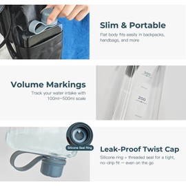 Flat Water Bottle Travel, 17oz Square Water Bottle, Rectangle Small and Slim, Leak Proof and BPA Free, Plastic Drinking Bottles for Outdoor Sports, Camping, Fitness, Fits Purse Bag Pocket with Brush