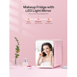 Reemix Skincare Fridge, 6L Makeup Mini Fridge With Dimmable LED Light Mirror for Bedroom, Car, Office & Dorm, Cooler & Warmer, Small Refrigerator for Cosmetics, Skin Care and Food (6L Mirror, Pink)