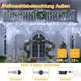Ollny Icicle Fairy Lights Outdoor 12 m 486 LEDs 81 Strings Christmas Lighting Outdoor Cool White IP44 Waterproof 8 Modes with Remote Control Timer EU Plug for Gazebo Balcony