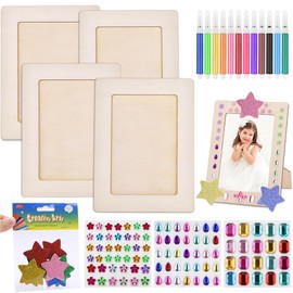 Picture Frame Painting Craft Kit, 4 PCS Picture Frame Craft Set, DIY Wooden Photo Frames with Glitter Stickers and Color Pens Craft Frame Set for Father Day Gift Paint and Decorate