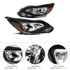 Aosky Headlight Assembly Bulbs Included Compatible with 2012 2013 2014 Ford Focus [Factory Halogen Type] Headlamp,Black Housing with Amber Reflector (Driver & Passenger Side)