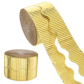 uxcell 49.2ft Bulletin Board Border, Corrugated Paper Decorative Wavy Border, Scalloped Rolled Border Trim for Crafts Classroom Offices DIY Project Party Birthday Decoration, Gold