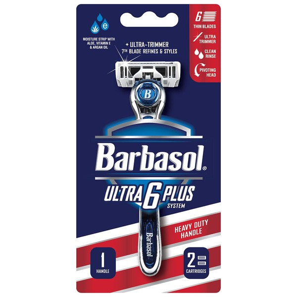 Barbasol Ultra 6 Plus Men's Razor with 2 Razor Blade Refills (1 Handle + 2 Cartridges), Mens Razors/Blades