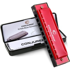 Classic Blues Harmonica,Key of C,10 Holes,Musical Instrument for Blues Folk Music Lover, Professionals and Beginners Christmas Music Gift (Red)