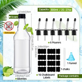 Dandat 6 Packs 800ml Plastic Empty Syrup Bottles with Lids and Pourers Speed Pour Long Neck Bottles Bulk Pour Containers for Oil Juice Syrup Coquito Drink for Kitchen Bar Holiday Drink Party