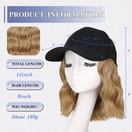 FORCUTEU Baseball Cap with Hair Extensions for Women 14inch Short Straight Bob Hairstyle Hat with Hair Attached Adjustable