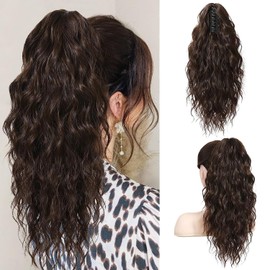 PORSMEER Ponytail Hairpiece Ponytail Extensions Dark Brown with Clip 45 cm Long Wavy Curly Hair Extension Braid Clip in Claw Natural Synthetic Hair Hairpiece for Women, 18 Inches