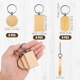 24pcs Wooden Keychain Blanks, Round Square Oval Engraving Blanks Wood Blanks Unfinished Wooden Key Ring Key Tag for DIY Gift Crafts