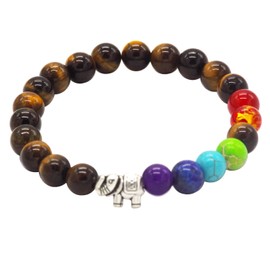 7 Chakra Bracelet, Natural Tiger Eye Stone Healing Gemstone Bracelet 8mm Semi Precious Stones Bracelet with Luck Elephant