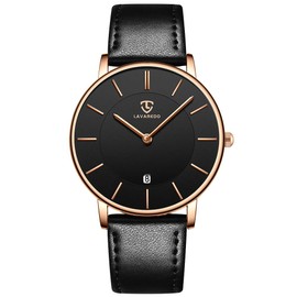 L LAVAREDO - Reloj para hombre, extremadamente fino, analógico, minimalista, de piel, con hora/fecha, regalo de cumpleaños para hombres y novios, 02-Black-P, Reloj analógico