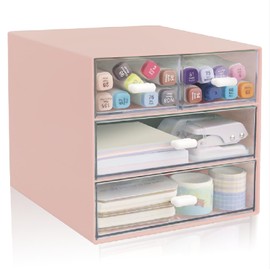 Zyners Zyners - Organizador de escritorio con cajón, organizador de oficina con 4 cajones, caja de almacenamiento de escritorio para escritorio, tocador, oficina, escuela, hogar, caja de plástico y 4 cajones acrílicos (rosa)