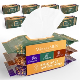 Pursonic Soft Flushable Wipes for Men - Plant-Based Face and Body Wipes - 8 Packs of 150 Ct (1,200 Total) Extra Large Wipes for Gentle & Effective Cleansing (Cedarwood, Eucalyptus, Tea Tree Scent)
