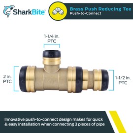SharkBite 2 Inch x 1-1/2 Inch x 1-1/4 Inch Reducing Tee, Push To Connect Brass Plumbing Fitting, PEX Pipe, Copper, CPVC, PE-RT, HDPE, UXL08544135