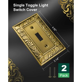 TREEWELL 2-Pack Single Toggle Light Switch Cover Plate, Paisley Pattern Decorative Switch Plate Covers, Antique Brass 1 Gang Metal Wall Plate, Corrosion Resistant