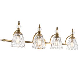 Ditoon Gold Bathroom Light Fixtures 4 Lights, Antique Brass Vanity Light, Bathroom Vanity Light Over Mirror, Vintage Bathroom Light with Clear Flower Glass, Lights for Wall Interior Hallway