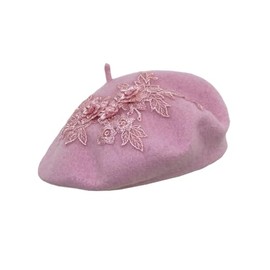 Classic Winter French Beret Lady Vintage Flower Embroidery Floral Wool Beanie Cap for Women Pink