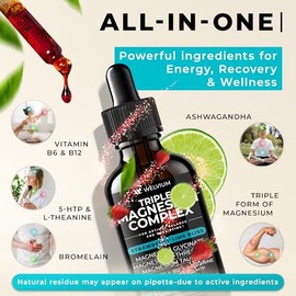 Triple Magnesium Complex Liquid Drops - Suplemento de glicinato de magnesio con L-treonato, taurato - Ashwagandha, L-teanina, 5-HTP, vitaminas B6, B12