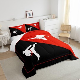 Castle Fairy Taekwondo Full Size Comforter Set,Japanese Sports Bedding Set for Adults Teens,Children Black Red White Comforter Luxury Kungfu Quilt Set Room Decor 3Pcs