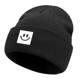viiotu Smile Men Beanie, Beanie Hats for Women Warm, Mens Beanie Soft Unisex Knit Hat Beanie for Winter (AU, Alpha, One Size, Black)