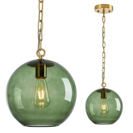 JXJYHL Green Glass Pendant Light Fixtures，Modern Farmhouse Ceiling Hanging Lights Brass Finish Chain Globe Pendant Lights for Kitchen Island Dining Room Bedroom Light Fixture(9.84in, 1-Pack)