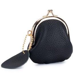 Monedero pequeño de cuero genuino para mujer, color negro | Cerradura beso de latón, mini portátil, impermeable, almacenamiento multiusos