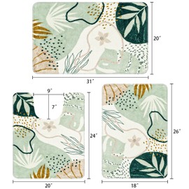 Uphome Bathroom Rugs Sets 3 Piece, Cute Green Plant Bath Mat Set with U Shaped Toilet Rug, Abstract Non Slip Washable Bath Rugs, Soft Velvet Toilet Rugs, Mid Centry Boho Bath Rugs for Toilet Sink Tub